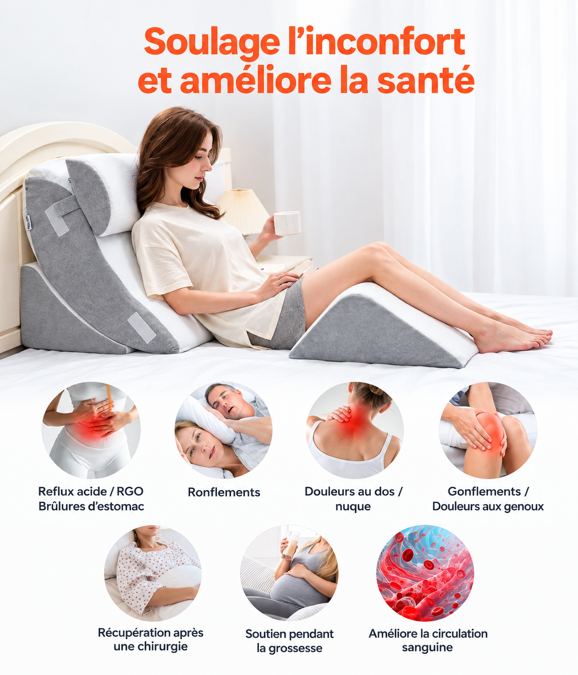 Oreiller Triangulaire 4 Pièces - Coussin Ergonomique - Anti Reflux