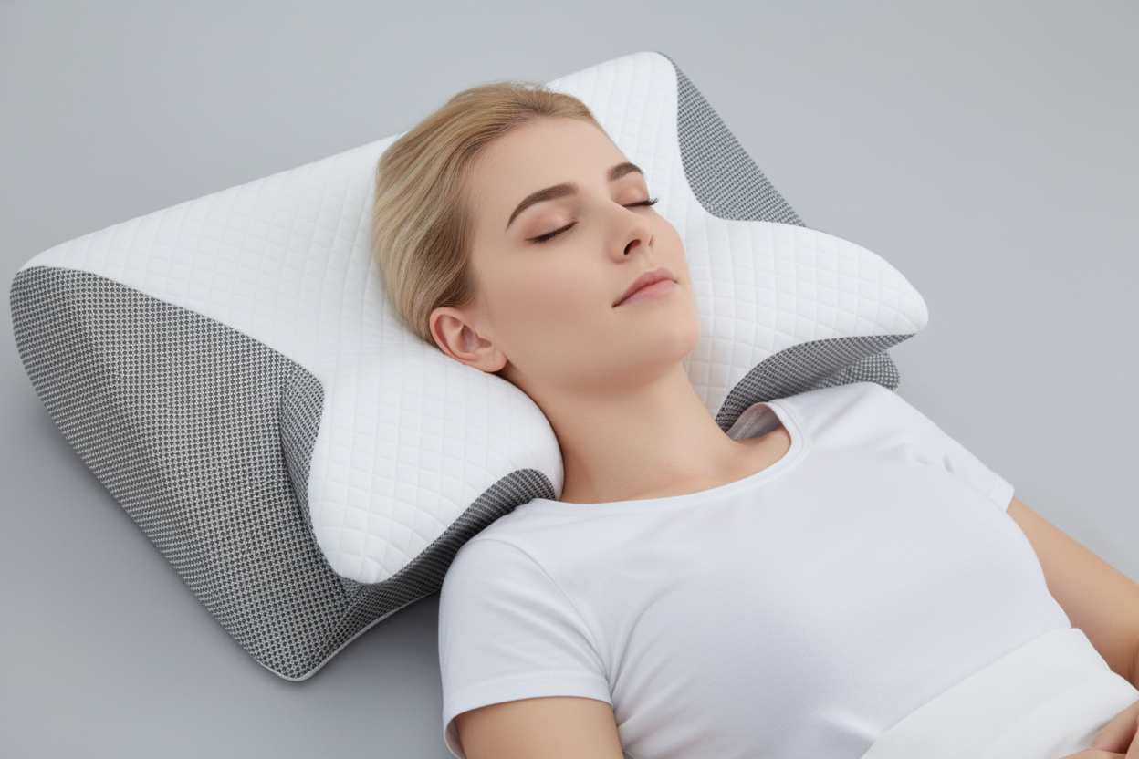 Femme avec oreiller ergonomique papillon