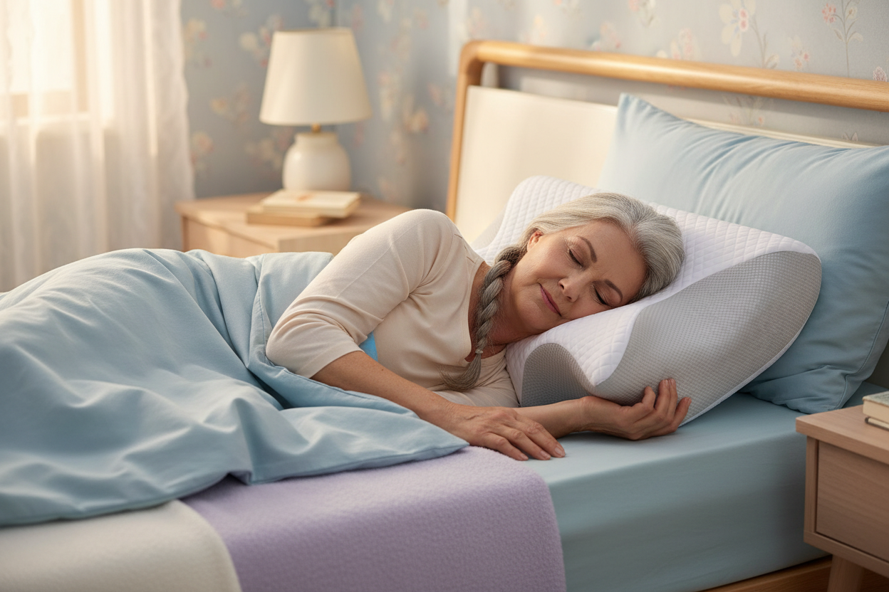 Personne âgée avec oreiller cervical - couleurs apaisantes